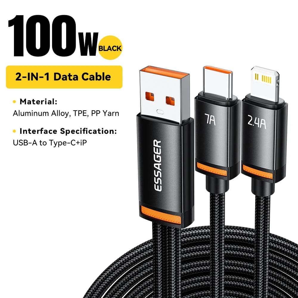 2-in-1 USB-A to Type-C and Lightning Cable, 100W