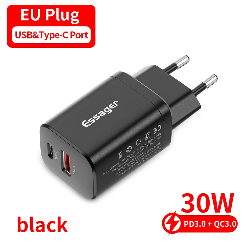 30W Dual Port USB-C Wall Charger with QC 3.0
