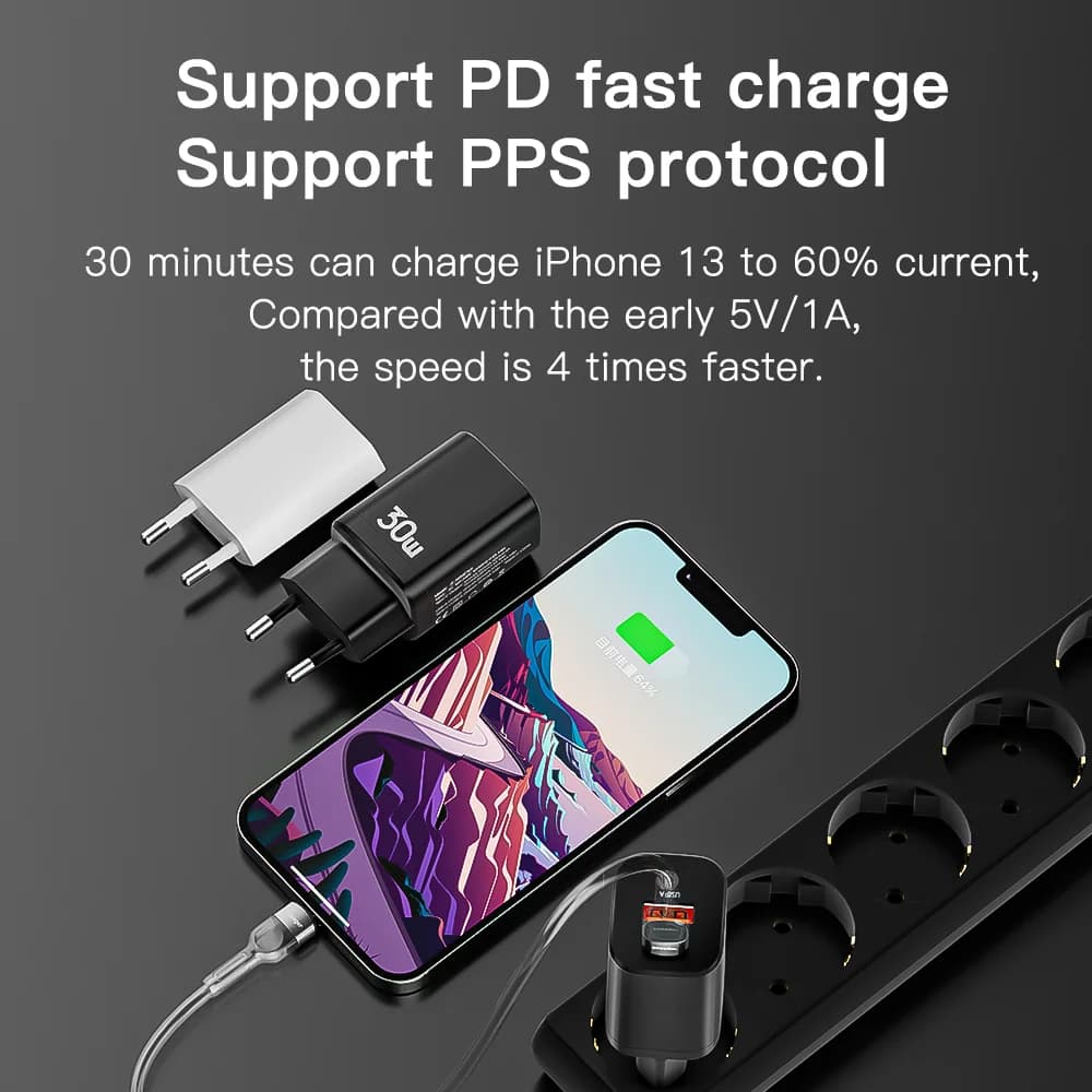 30W Dual Port USB-C Wall Charger with QC 3.0