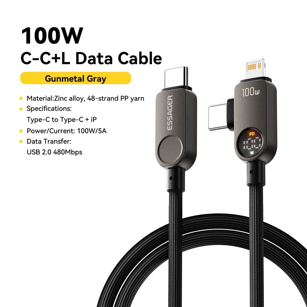 2-in-1 USB-C to Lightning Cable, 100W PD