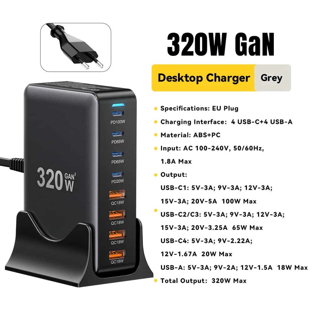 320W 8-Port GaN Desktop USB-C Charging Station