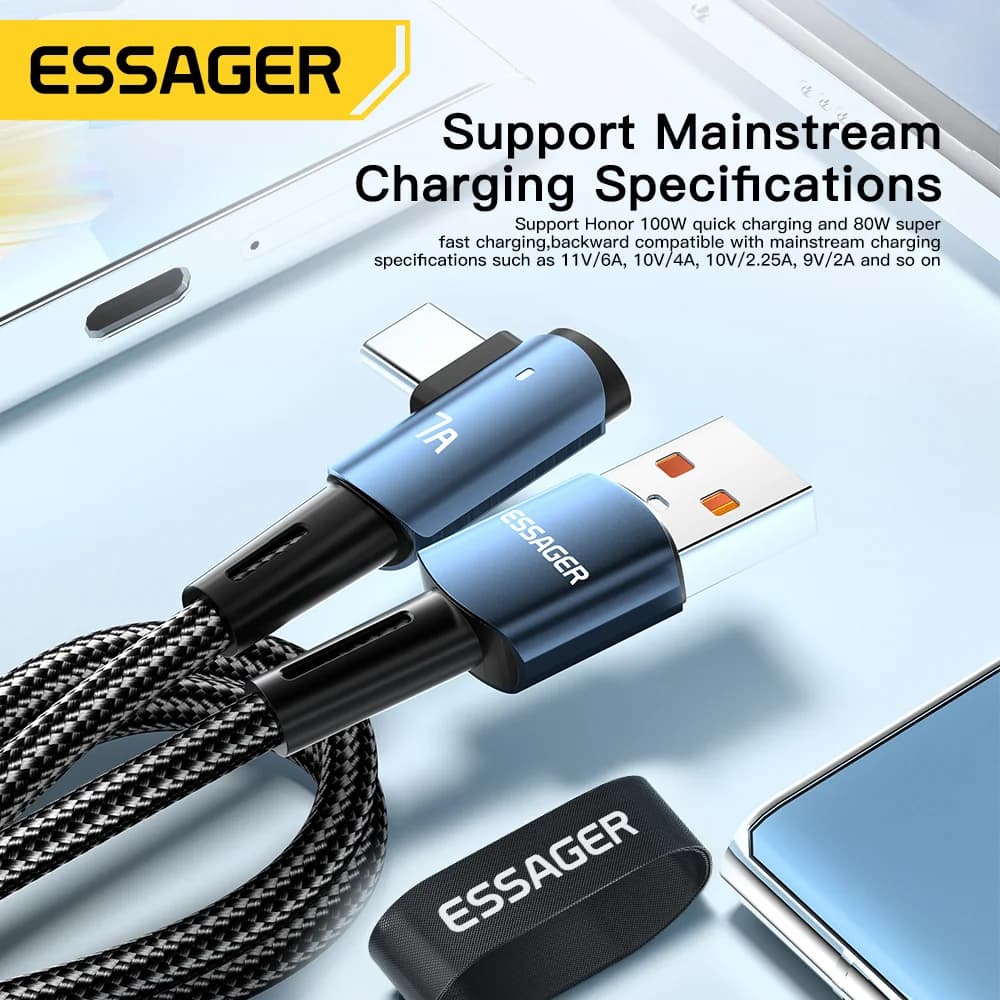 7A USB Type-C Cable with 90° Angle and 100W Charging