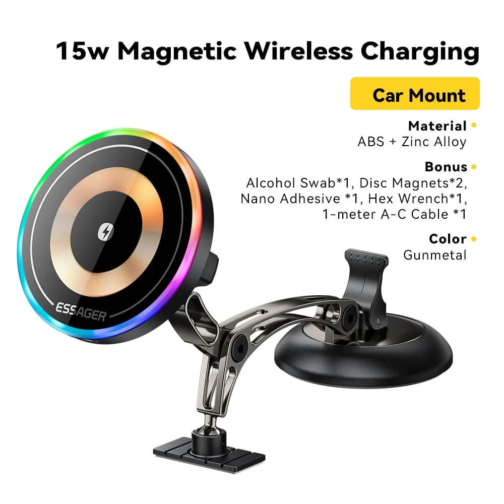 15W Magnetic Wireless Charger Car Mount with Rotation