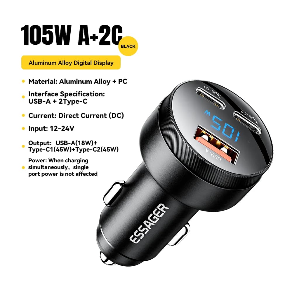 105W USB Car Charger QC4.0 PD Fast Charging