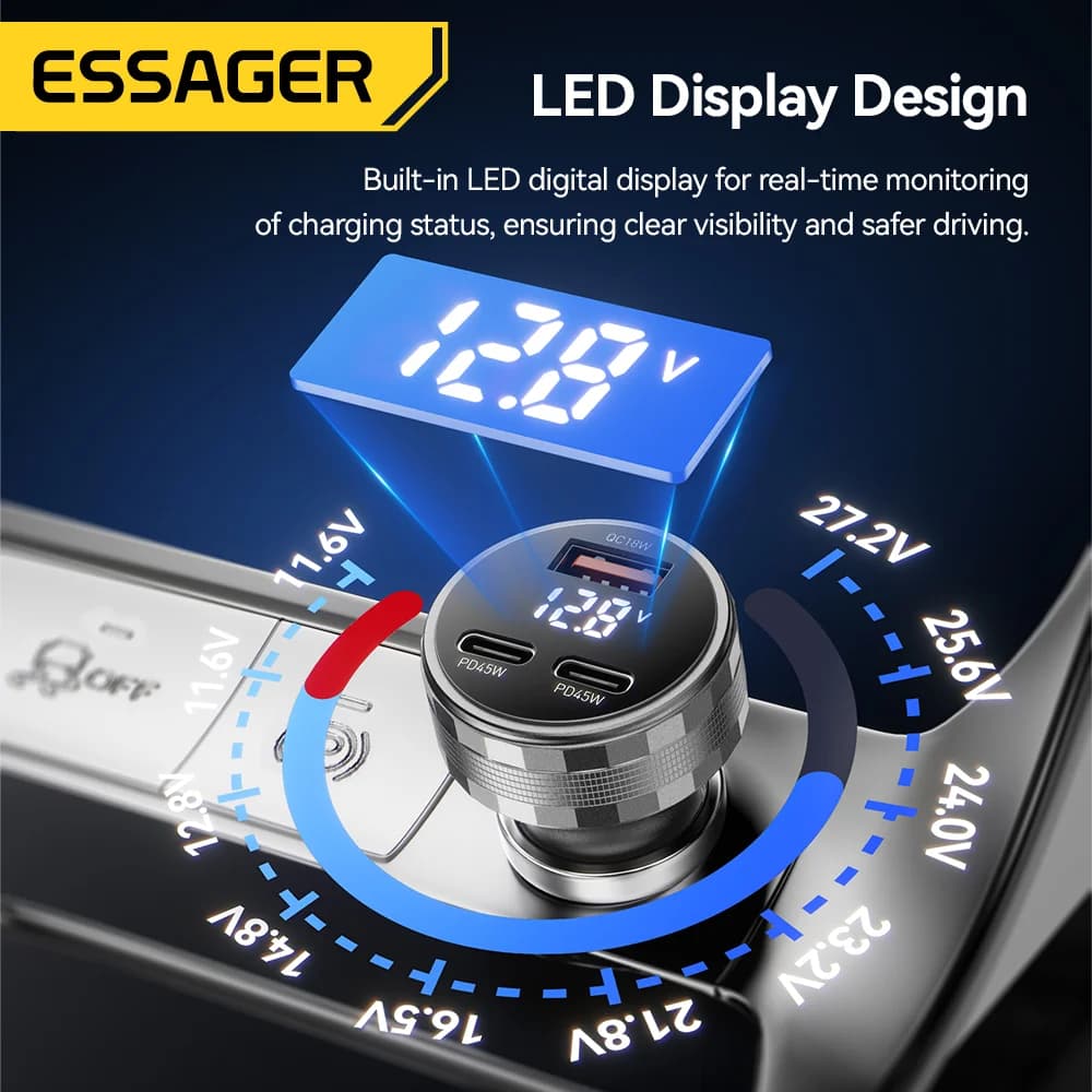 108W 3-Port USB Car Charger with Digital Display