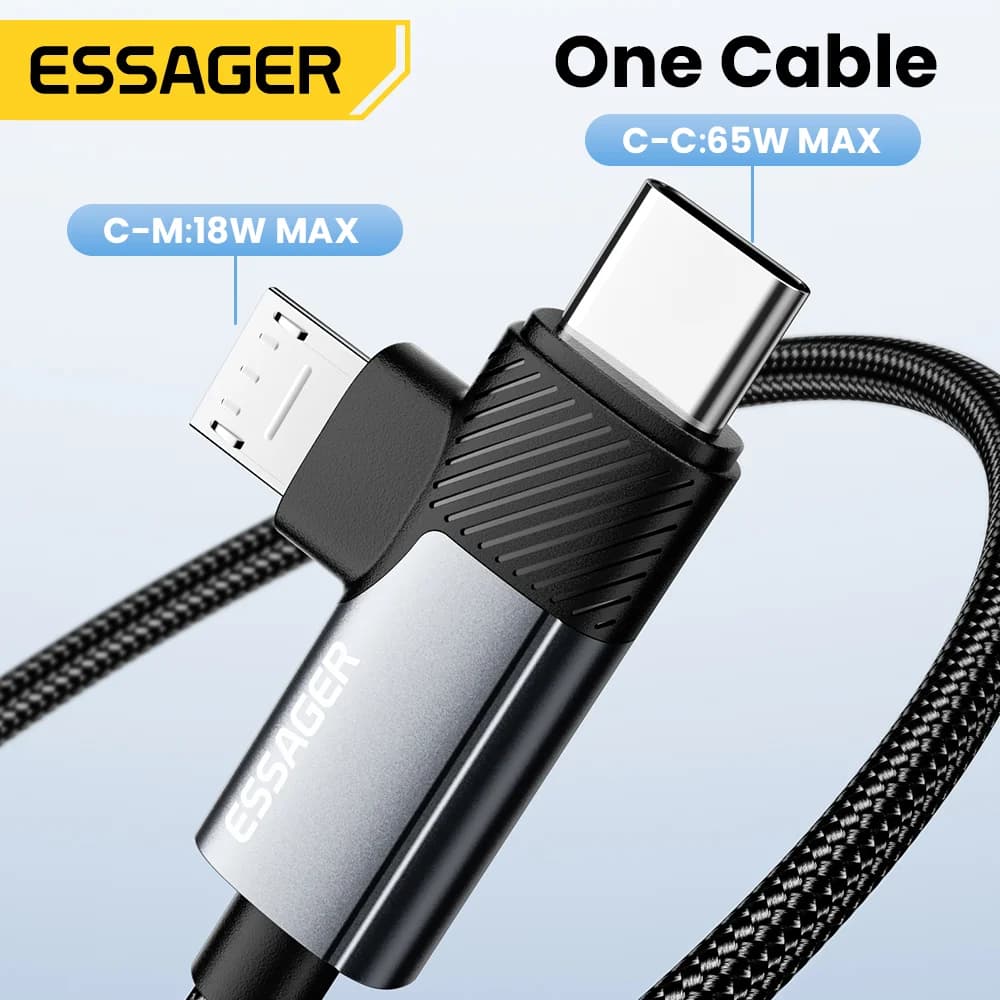 2-in-1 65W PD Fast Charging Cable Type-C/USB-A to Micro