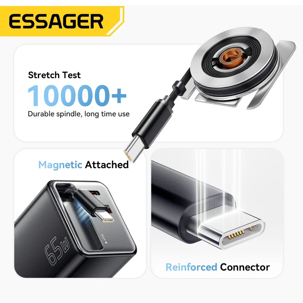 65W GaN Charger with Retractable Cable