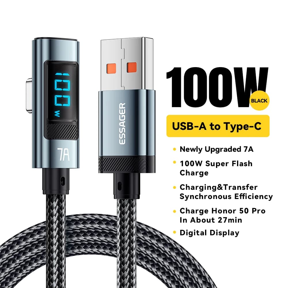 100W USB Type-C Cable with 90° Angle and LED Display