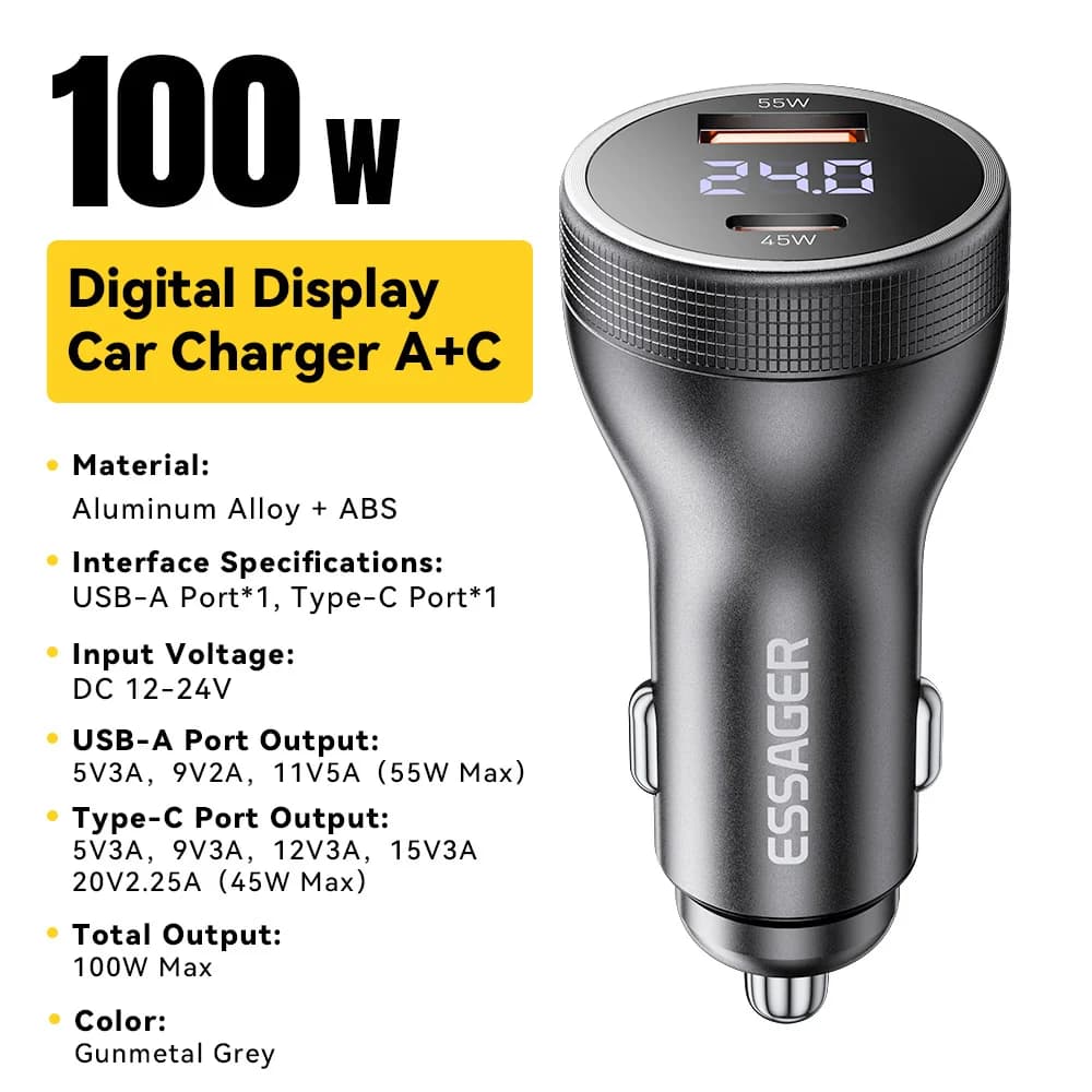 100W USB-C Car Charger with Digital Display