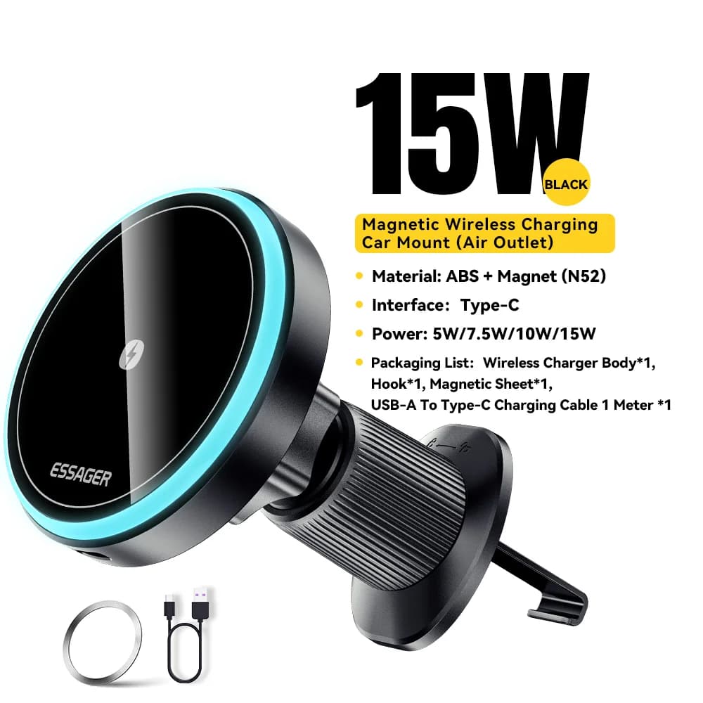 15W Magnetic Wireless Car Charger Mount with LED