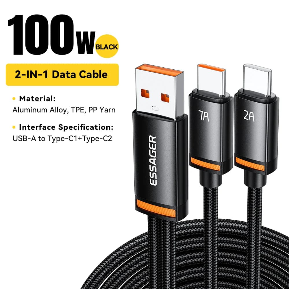 2-in-1 USB-A to Type-C and Lightning Cable, 100W