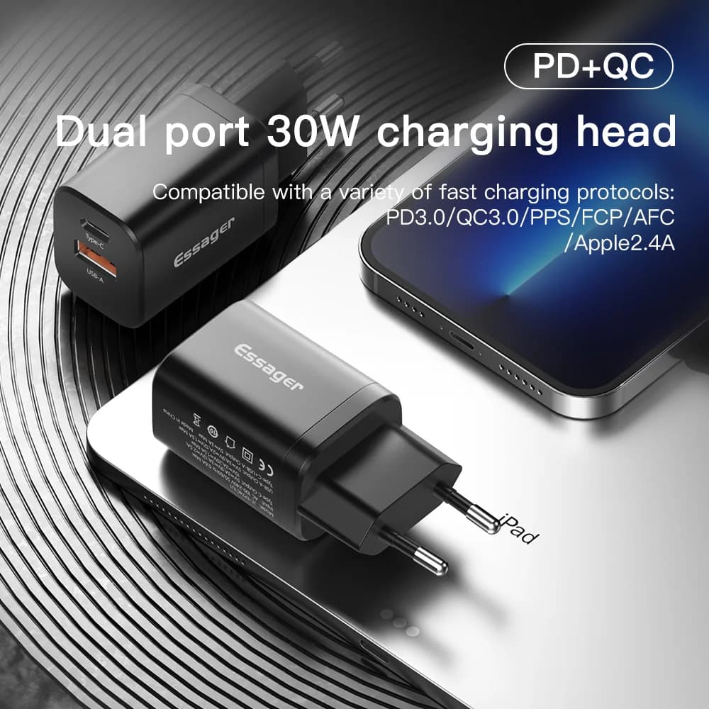 30W Dual Port USB-C Wall Charger with QC 3.0