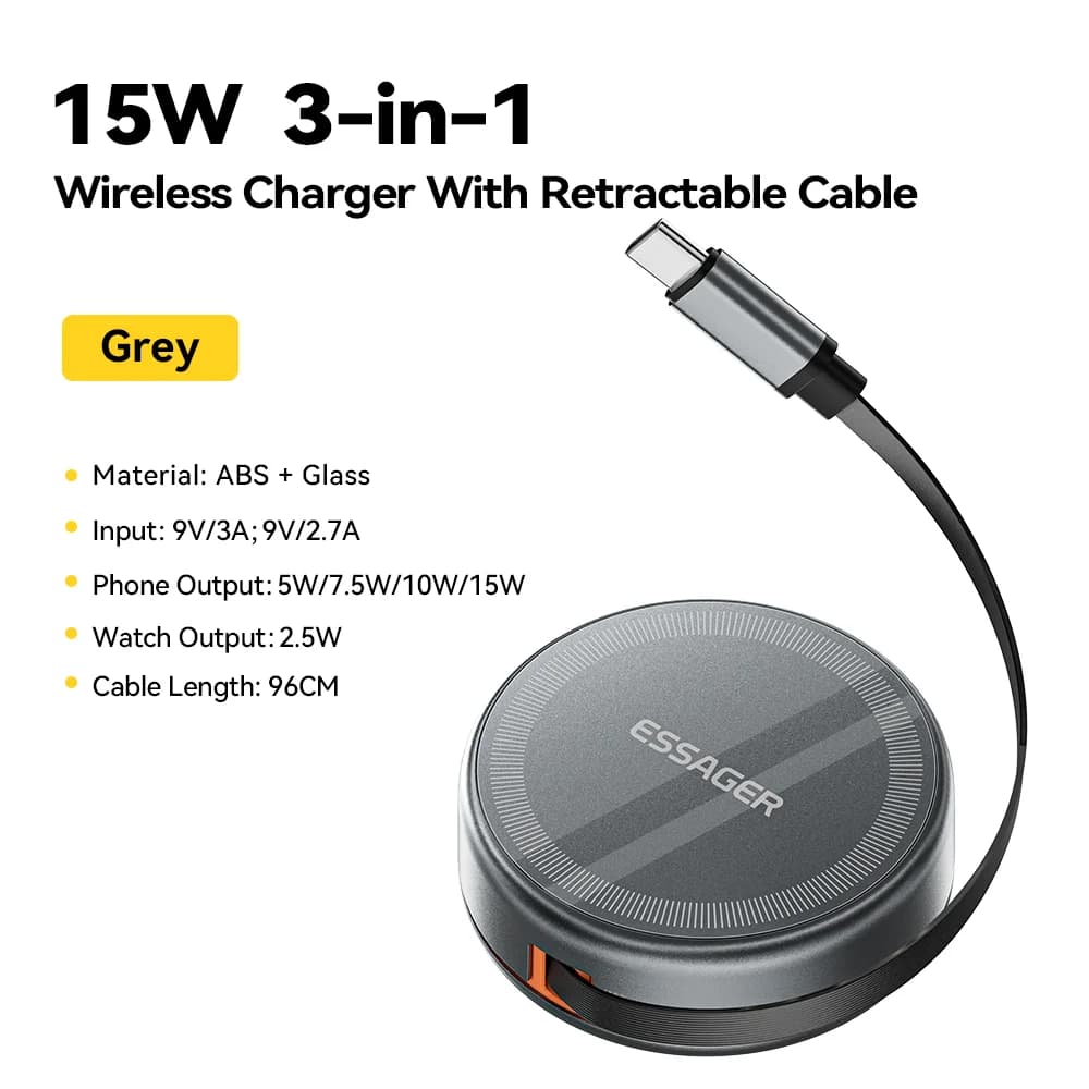 3-in-1 Magnetic Wireless Charger with Retractable Cable