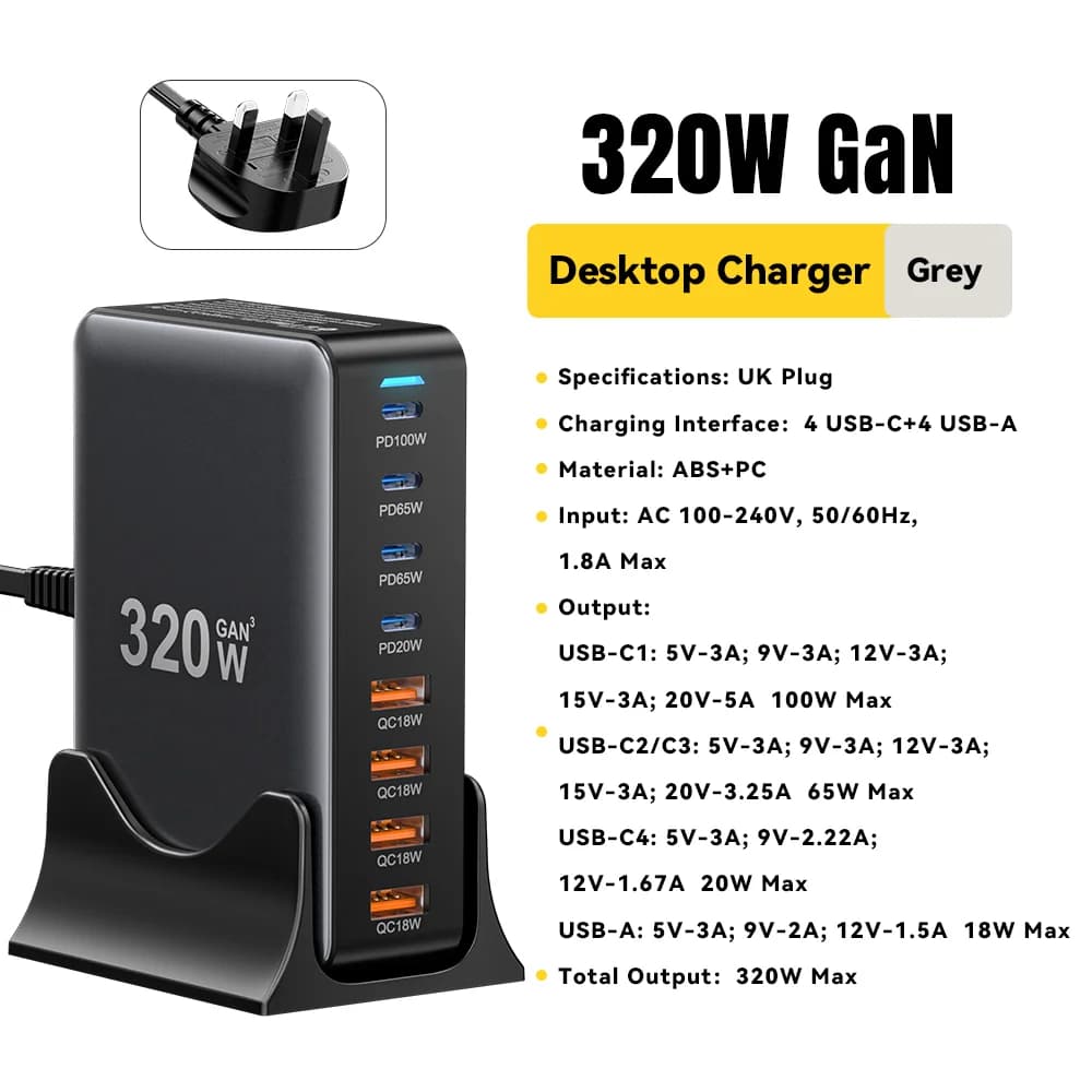 320W 8-Port GaN Desktop USB-C Charging Station