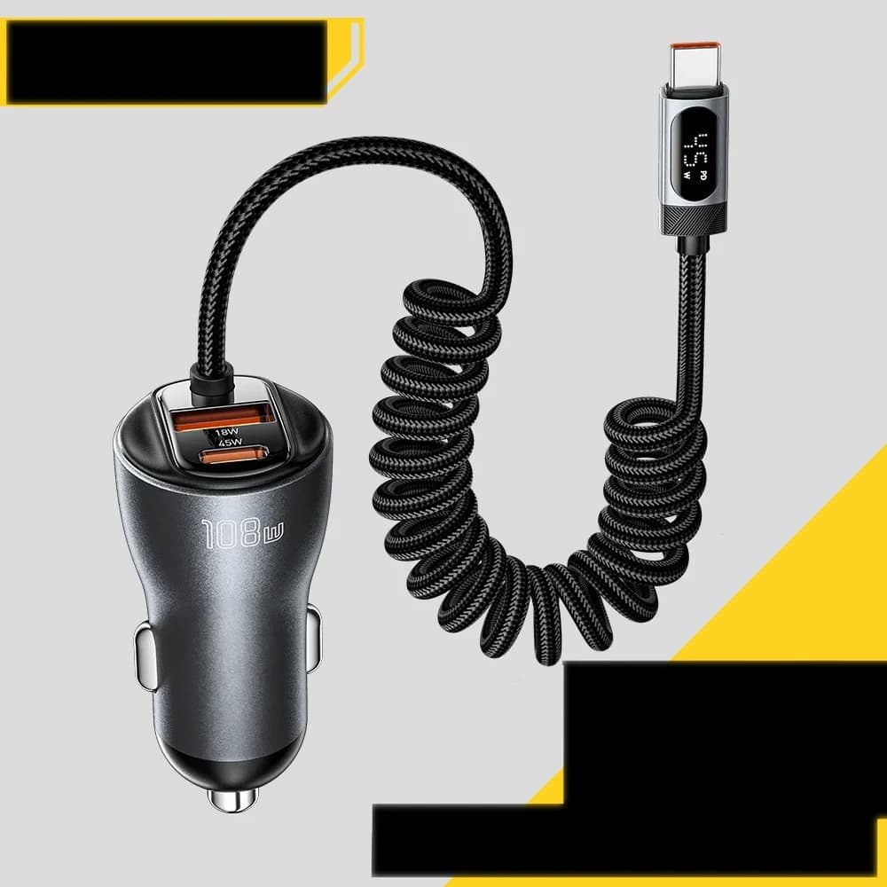 108W Car Charger with USB-C, USB-A and Spring Cable
