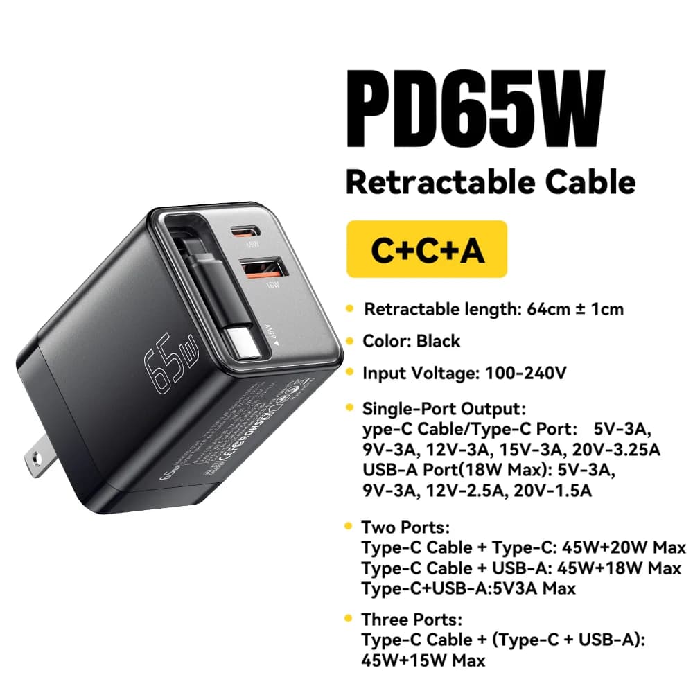65W GaN Charger with Retractable Cable