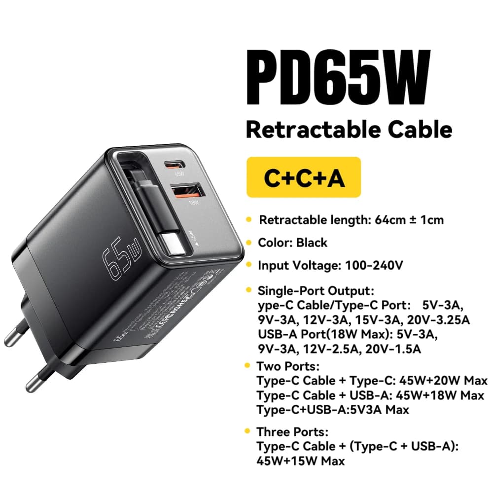 65W GaN Charger with Retractable Cable